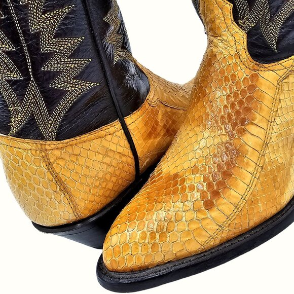 Vintage Tony Lama Exotic Yellow Black Python Snake Cowboy Boots Womens 5 Western - Picture 13 of 15